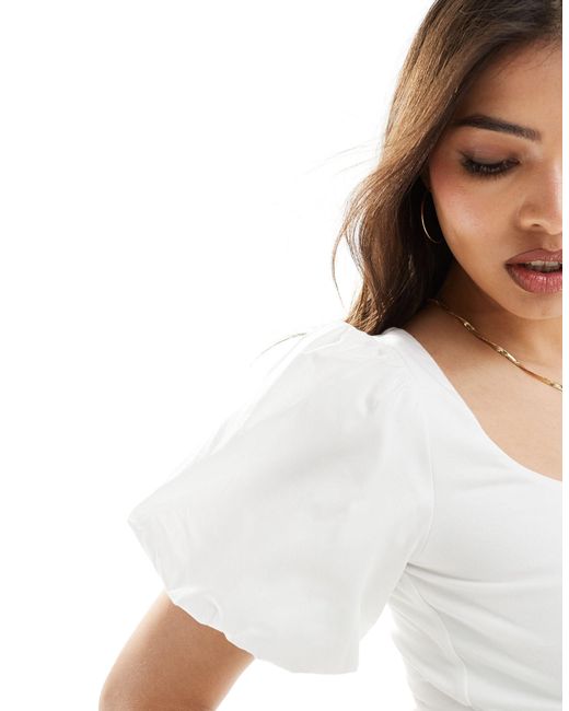 ASOS White Fitted Scoop Neck Top With Volume Poplin Sleeves