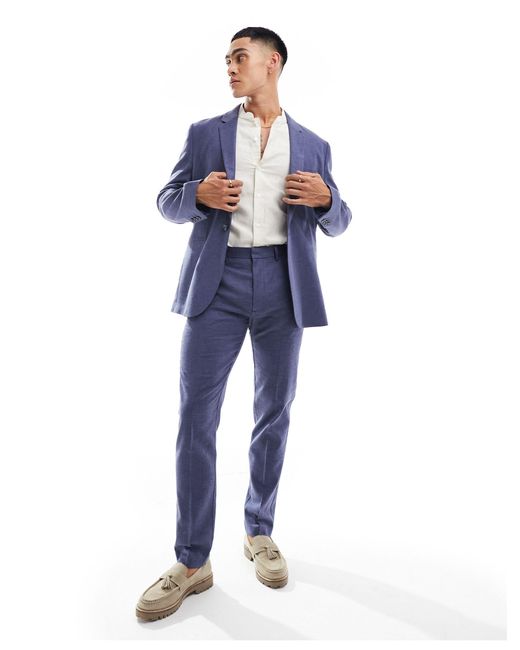 ASOS Blue Skinny Herringbone Suit Jacket With Linen for men