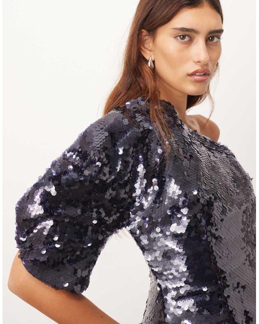 ARRANGE Blue Sculptural One Shoulder Sequin Top