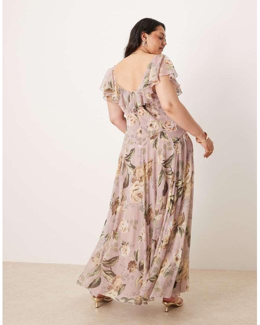 Vestido Midi Lila Con Estampado Floral, Cintura Baja Y Falda De Corte Amplio De Asos Design Curve ASOS de color Natural