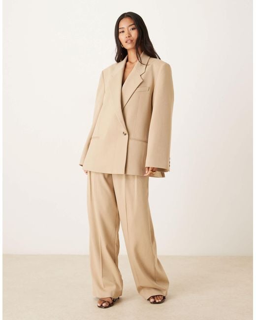 ASOS Natural Tailored Wide Leg Trousers With Tab Detail Trousers