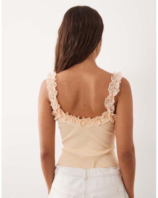 Miss Selfridge Natural Ribbed Bodysuit With Lace Ruffle Detail