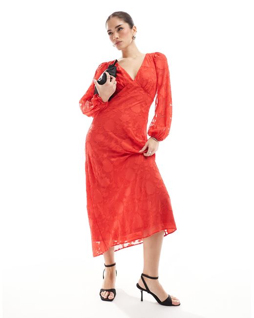 New Look Red Devore Long Sleeve Midi Dress