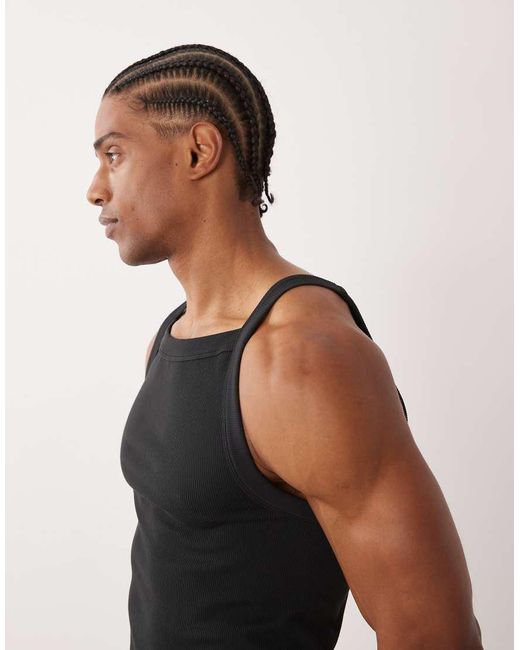 4505 Black Seamless Ribbed Square Neck Muscle Singlet for men