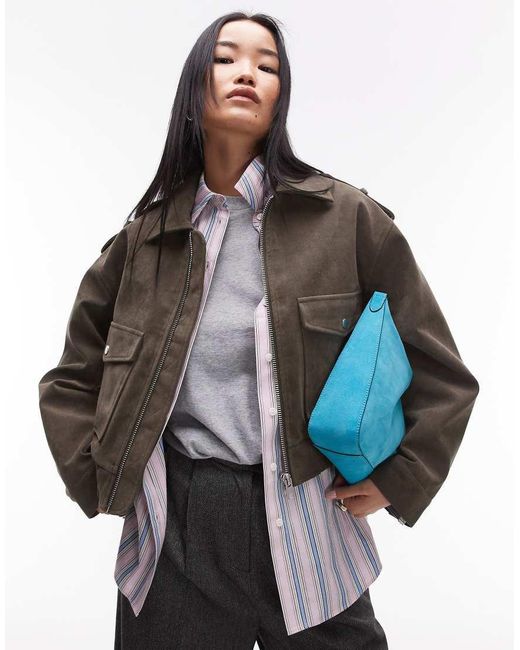 TOPSHOP Green Cropped Faux Suede Bomber Jacket With Popper Details
