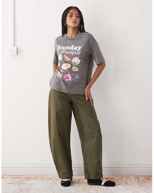 Noisy May Gray Boxy T-shirt Fit With Breakfast Graphic