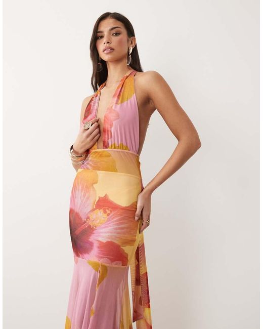 Kaiia Red Exclusive Plunge Choker Sheer Hem Detail Maxi Dress