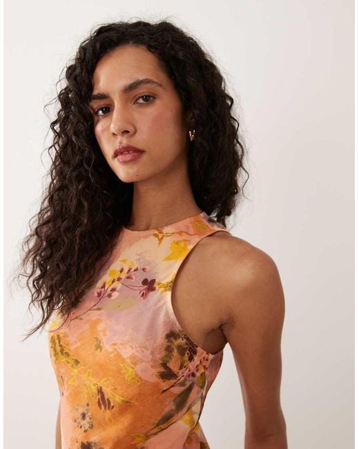 ASOS Multicolor Racer Neck Bias Maxi Dress With Godet Hem Orange Abstract Print