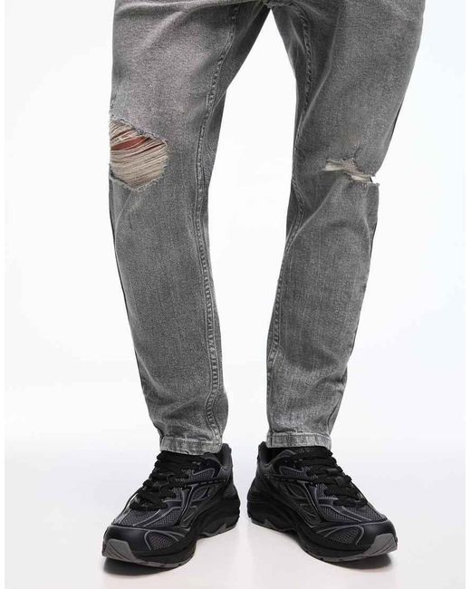 Bershka Gray Ripped Carrot Fit Jeans for men