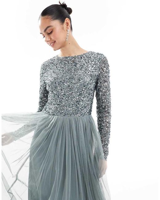 Maya Blue Embellished Long Sleeve Maxi Bridesmaid Dress