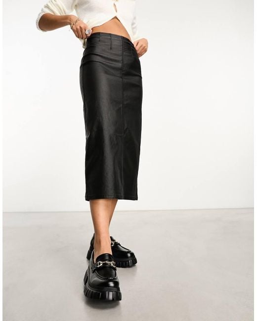 Stradivarius Black Seamed Detail Coated Denim Midi Skirt