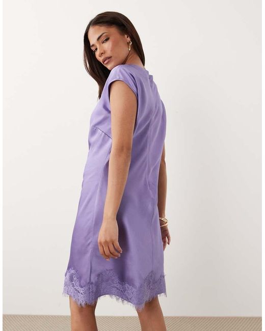 ASOS Purple Asos Design Petite Slash Neck Satin Mini Dress With Lace Hem