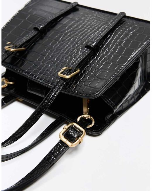 Bershka Black Textured Box Bag With Buckles