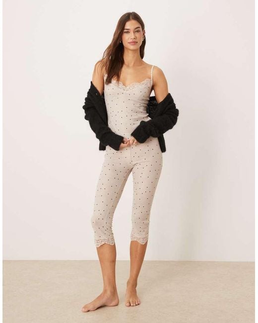 ASOS Natural Honey Slinky Polka Dot Capri Pant Pyjama With Lace Trim