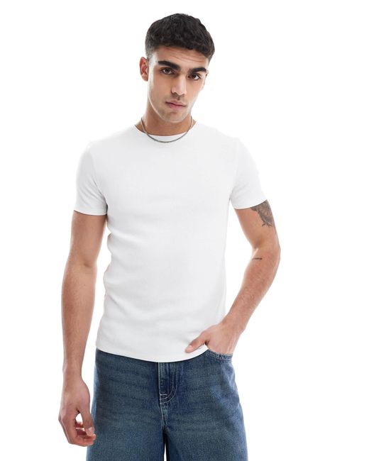 ASOS – geripptes basic-t-shirt in White für Herren