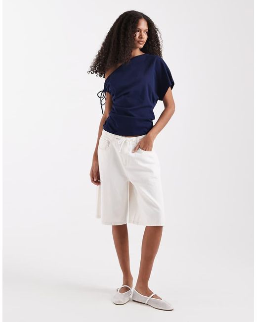 ASOS Blue Ruched Sleeve Fallen Shoulder Waisted Tee