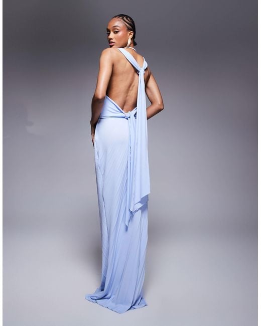 ASOS Blue Asos Design Tall Pleated Slash Neck Maxi Dress With Knotted Back Detail