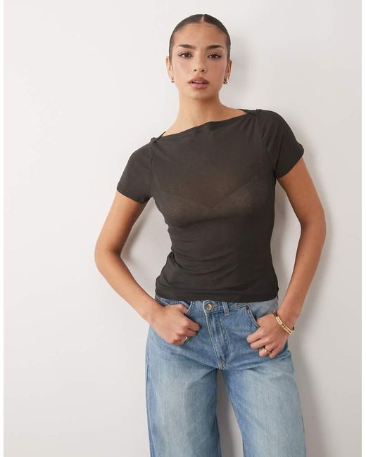 ASOS Top Van Getextureerde Mesh Met Korte Mouwen En Rechte Hals in het Blue