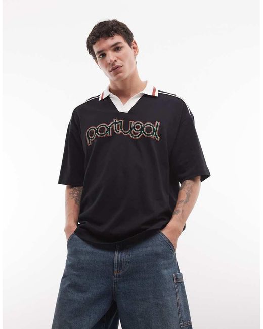 ASOS Black Oversized Polo With Portugal Soccer Graphic for men
