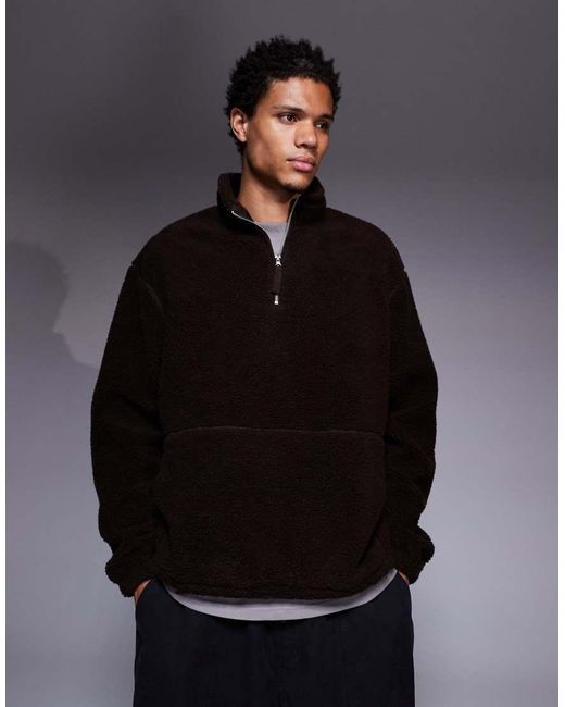 ASOS Gray Relaxed Funnel Neck Quarter Zip Borg Sweatshirt for men