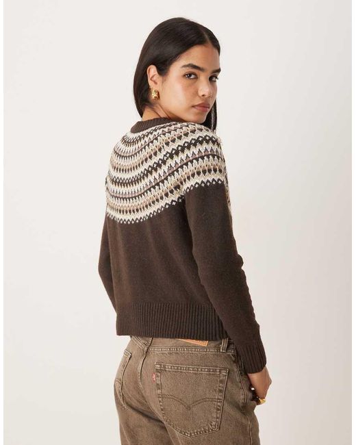 Threadbare Brown Crew Neck Cardigan With Fairisle Detail Print