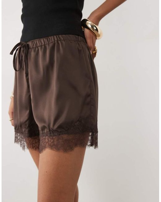 New Look Natural Lace Trim Satin Shorts