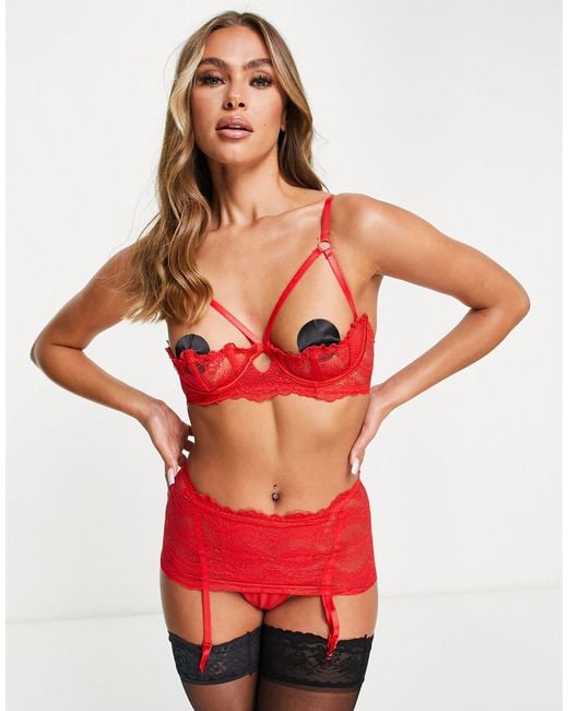 Ann Summers Red Kora 1/4 Cup Lace Bra And Skirted Thong Set With Suspender Detail