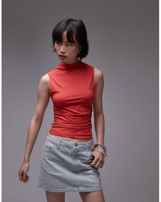 TOPSHOP Red Jersey Funnel Neck Sleeveless Top