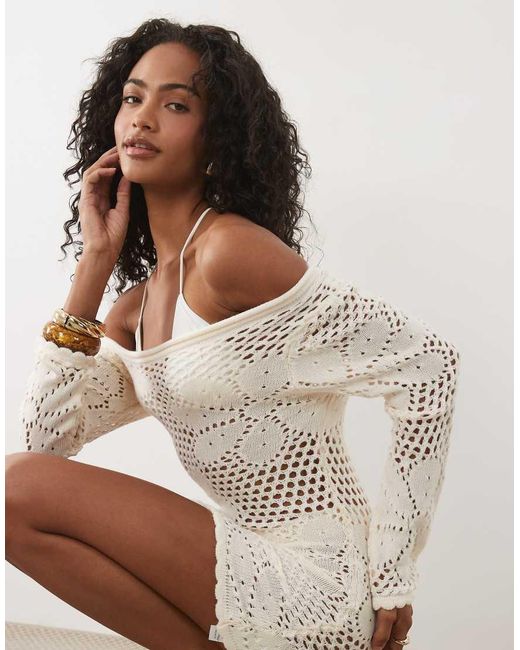 Miss Selfridge Natural Off Shoulder Floral Crochet Dress