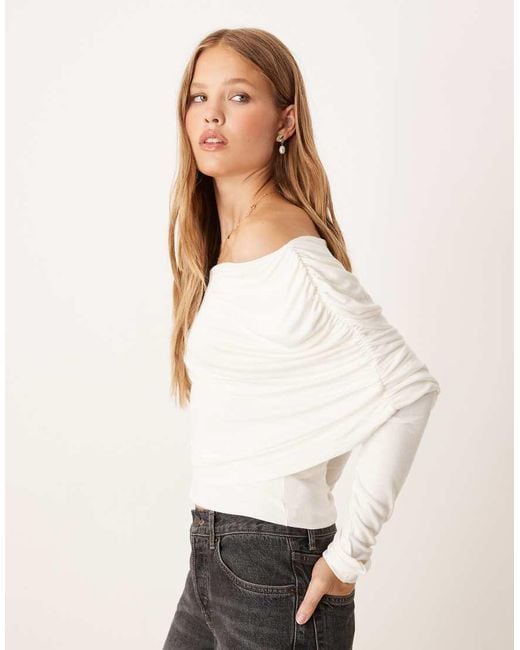Gina Tricot White Long Sleeve Sloped Drapey Shoulder Cape Top