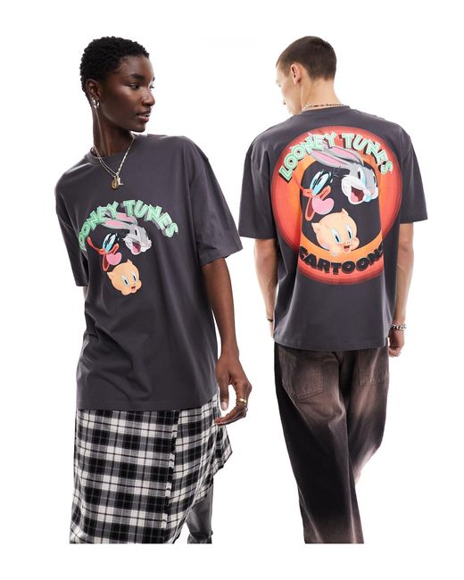 T-shirt oversize unisex antracite con grafica "looney tunes" su licenza sul retro di ASOS in Gray