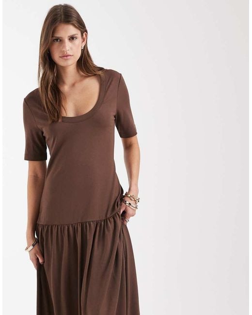 & Other Stories Brown Dropped Waist Midi Dress With Scoop Neck