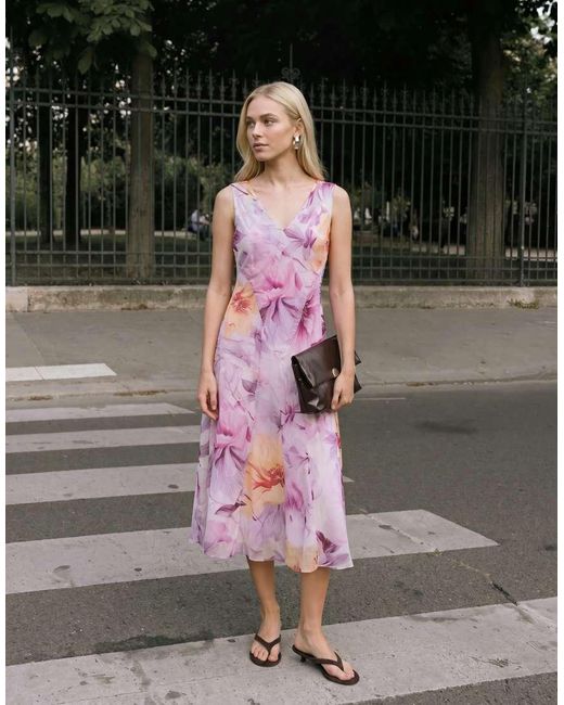 Vero Moda Pink Chiffon V Neck Midi Dress With Godet Shaping