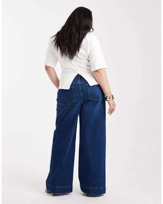 ASOS Blue Asos Design Curve High Waist Wide Leg Jeans With Front Pockets