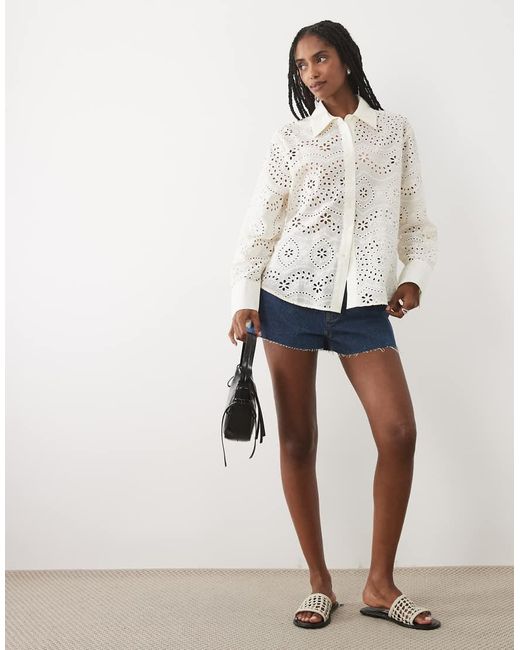 Mango White 100% Cotton Embroidered Shirt