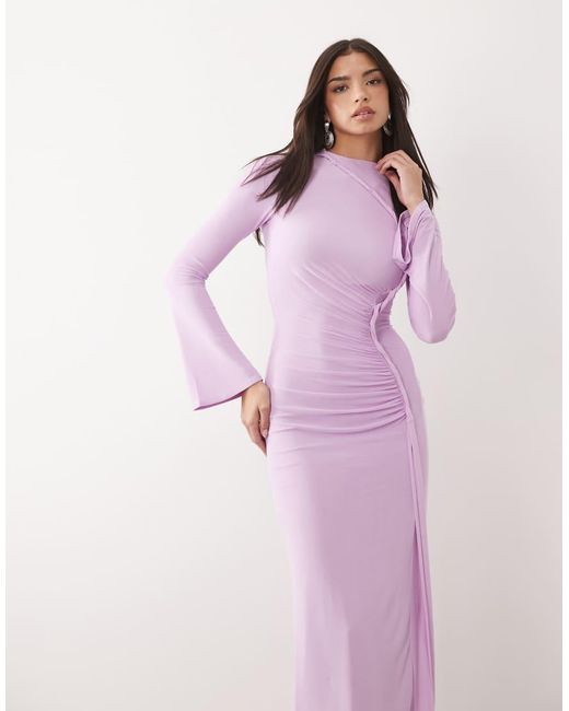 ASOS Pink Mesh Long Sleeve Maxi Dress With Twist Detail