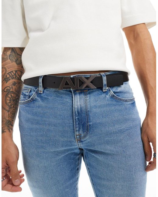 Armani Exchange Blue Logo Buckle Reversible Leather Belt for men