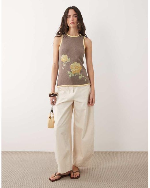 ASOS Natural Knitted Floral Cross-stitch Embroidered Tank