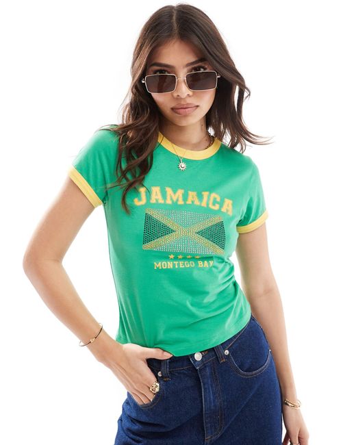 ASOS Green Ringer Baby Tee With Jamaica Graphic With Hotfix Flag