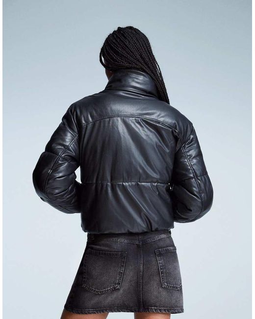 Bershka Black Leather Effect Puffer Jacket