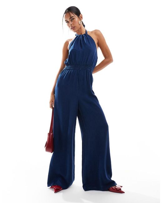 Mango Blue Halterneck Denim Look Jumpsuit