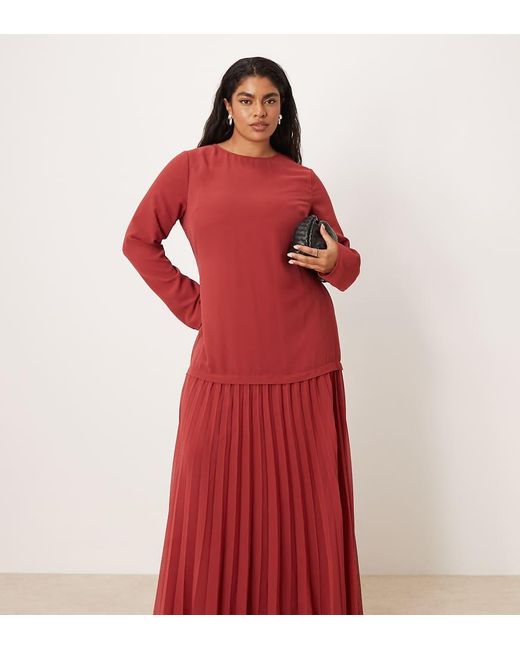 ASOS Red Asos Design Curve Long Sleeved Pleated Skirt Maxi Dress