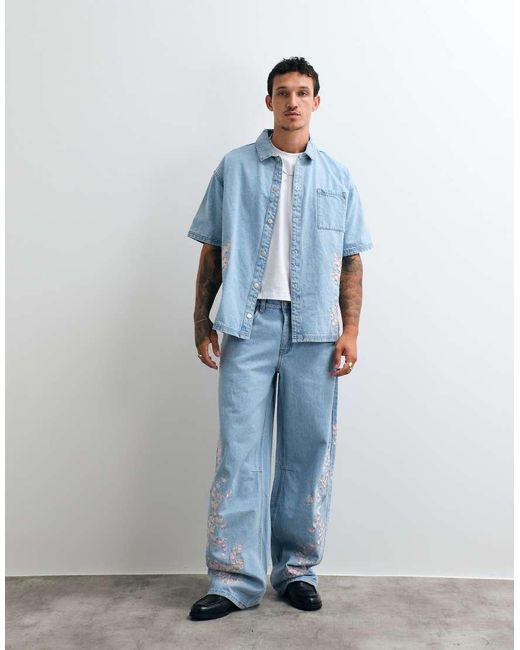 Liquor N Poker Blue Relaxed Japanse Blossom Print Jeans Co-Ord for men