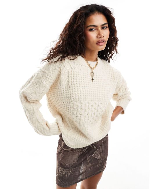 Moon River Natural Crew Neck Long Sleeve Patchwork Knitted Jumper