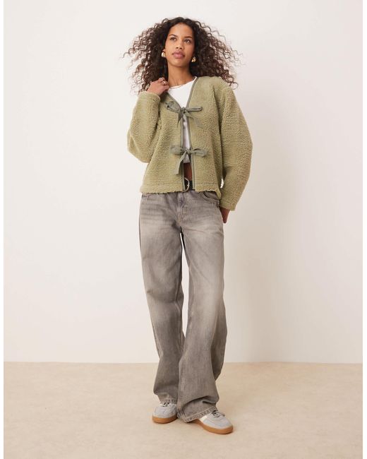 ASOS Natural Borg Jacket With Bow Tie Details