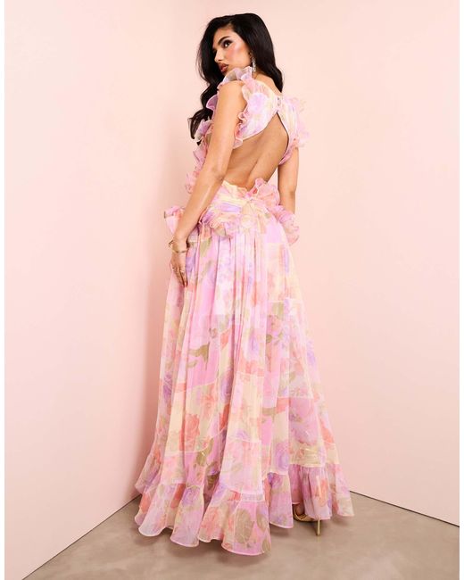 ASOS Plunge Maxi Dress With Ruched Chiffon Detail & Open Back in Pink | Lyst