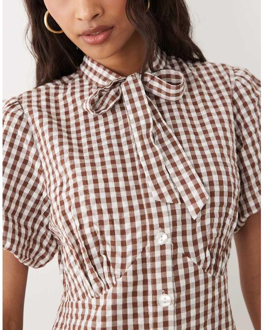 Wednesday's Girl Brown Tie Collar Detailed Puff Sleeve Button Mini Dress