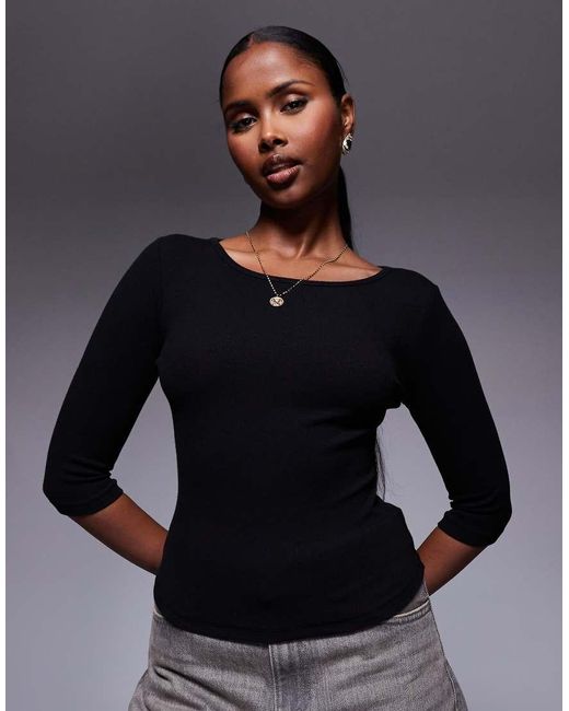 Top Con Mangas 3/4 Y Cuello Recto De Tejido Rico En Algodón Elaia De Princess Polly de color Blue