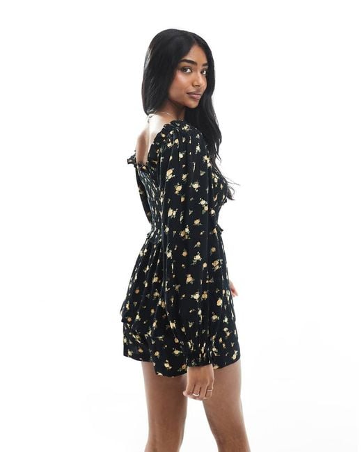 Miss Selfridge Black Long Sleeve Floral Playsuit