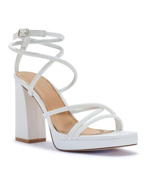 SEQWL White Block Heeled Strappy Sandals With Buckle Strap